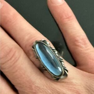 Vintage West Germany Silver-Tone Blue Cat’s-Eye Glass Ring | Mid-Century Modern